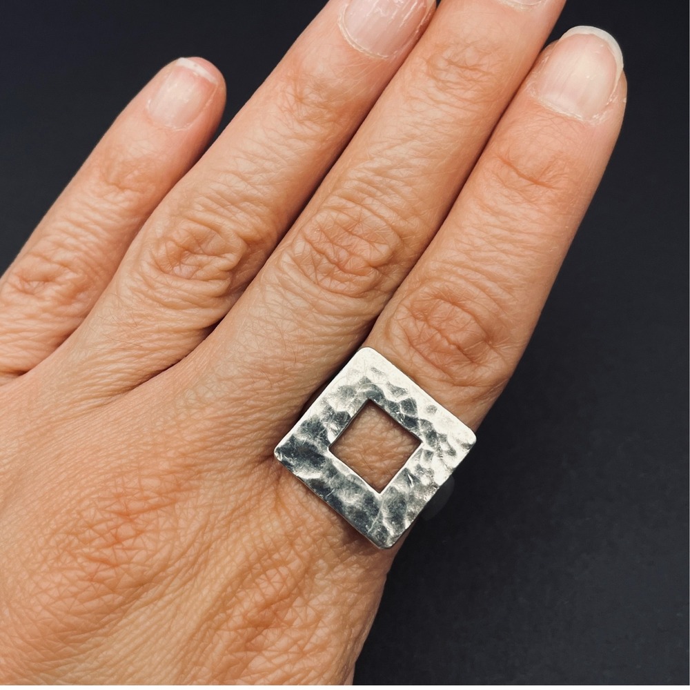 Sterling Silver Hammered Open Square Ring Size‎ 9 Statement Unisex